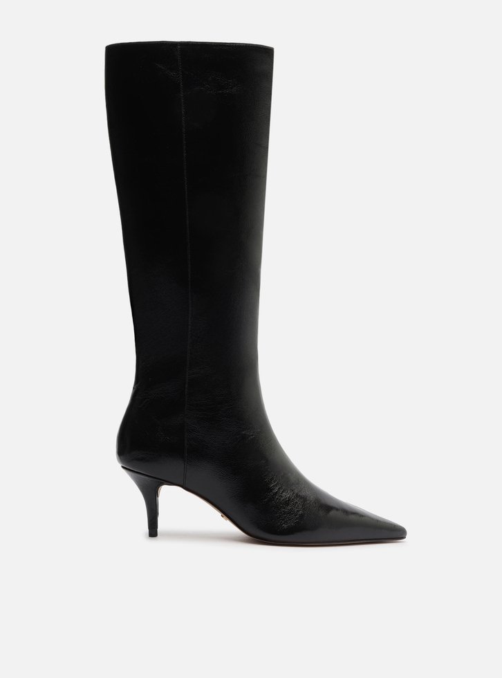 Bota Preta Couro Cano Longo Salto Kitten
