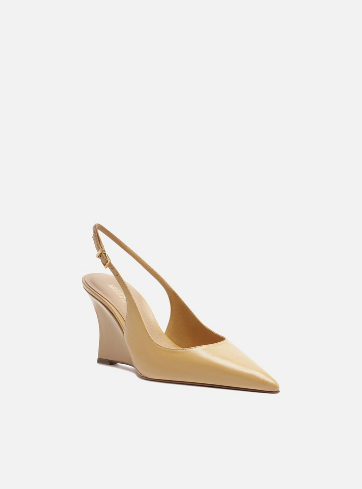 Scarpin Amarelo Couro Salto Alto Anabela Slingback