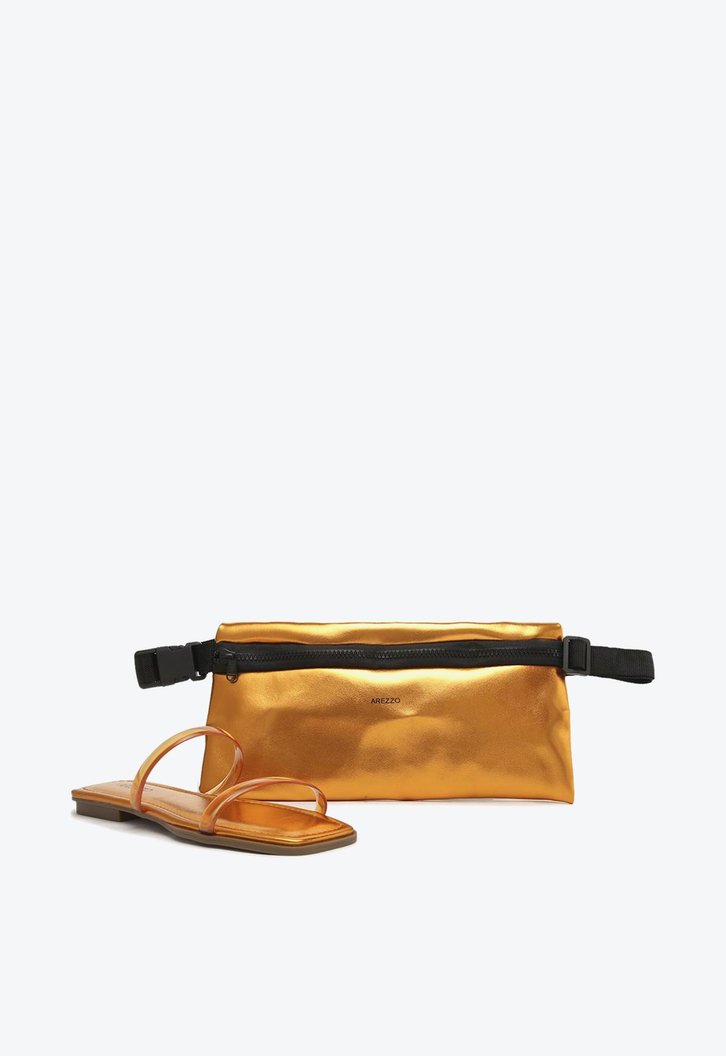 Kit Arezzo Rasteira Metalizada Laranja E Pochete