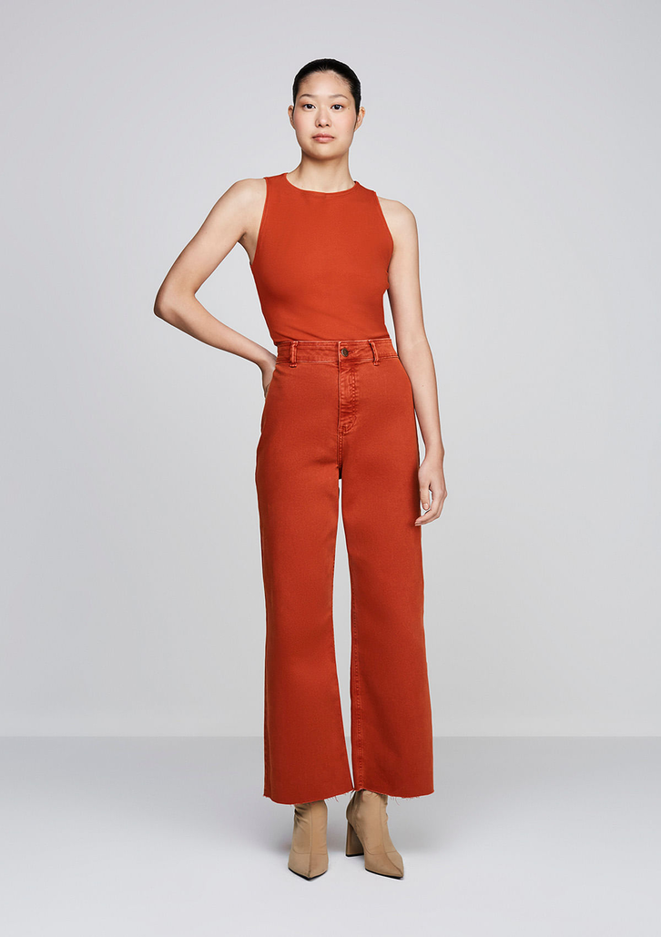 Calça Laranja DZARM Em Sarja Wide Leg Slim Cintura Alta