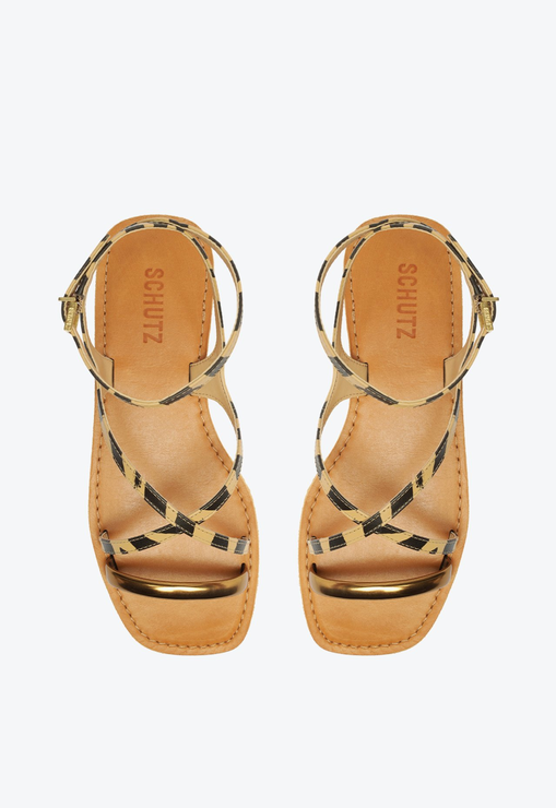 Sandália Rasteira Couro Estampa Animal Print