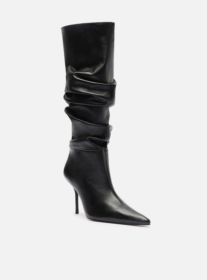 Bota Preta Couro Cano Longo Salto Alto Slouch