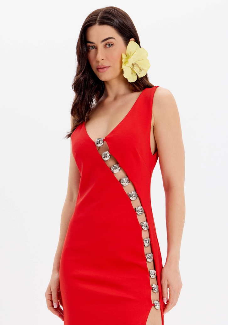 Vestido Vermelho Lança Perfume Super Midi De Alças Com Recorte E Fenda