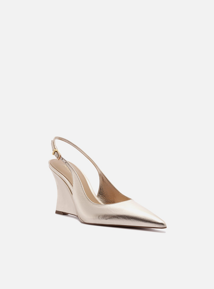 Scarpin Dourado Couro Salto Alto Anabela Slingback