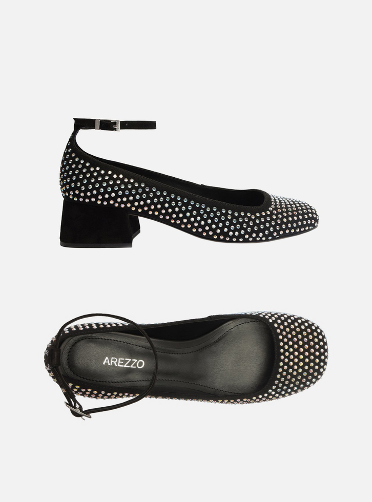 Sapato Preto Arezzo Boneca Salto Bloco Strass