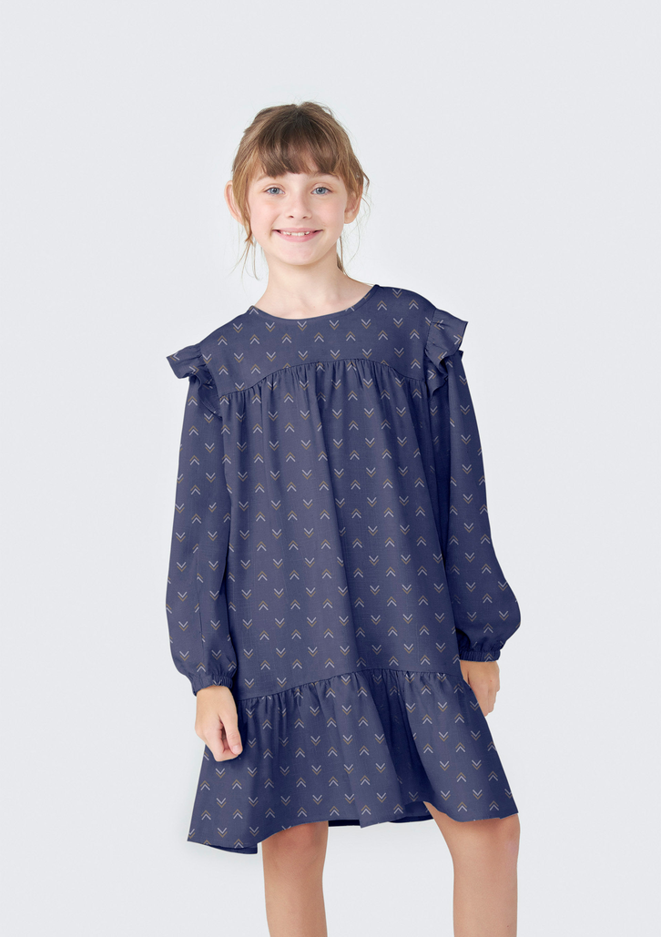 Vestido Azul Hering Infantil Mangas 7/8 Com Babados