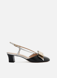 Scarpin Preto Couro Salto Baixo Slingback Laço