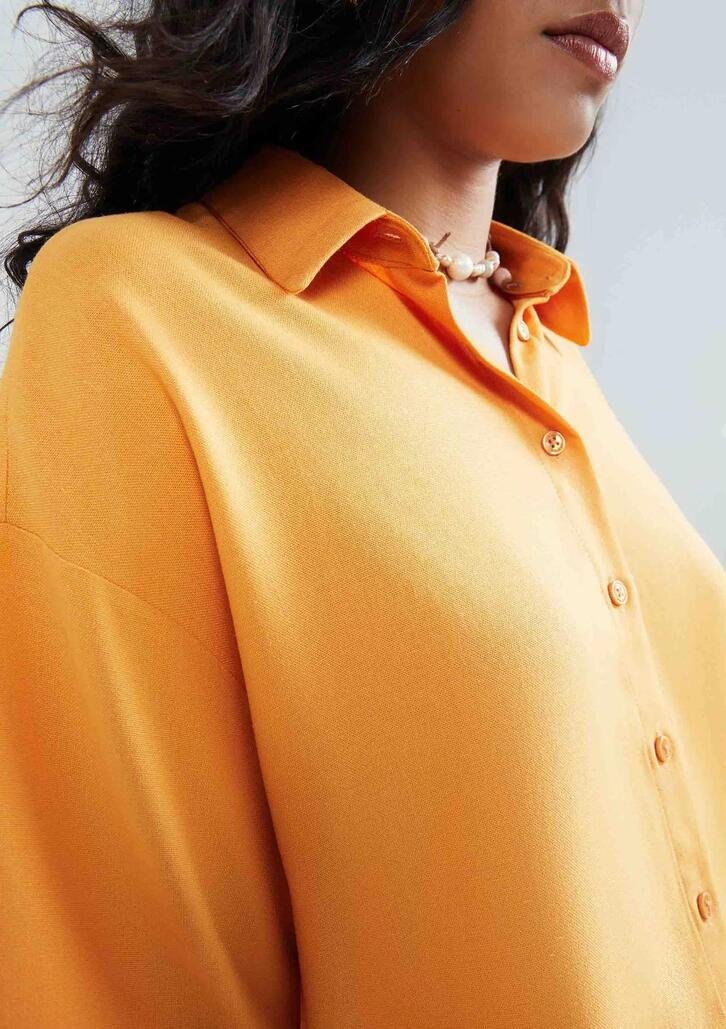 Camisa Feminina Laranja Claro Hering Manga Curta Em Linho