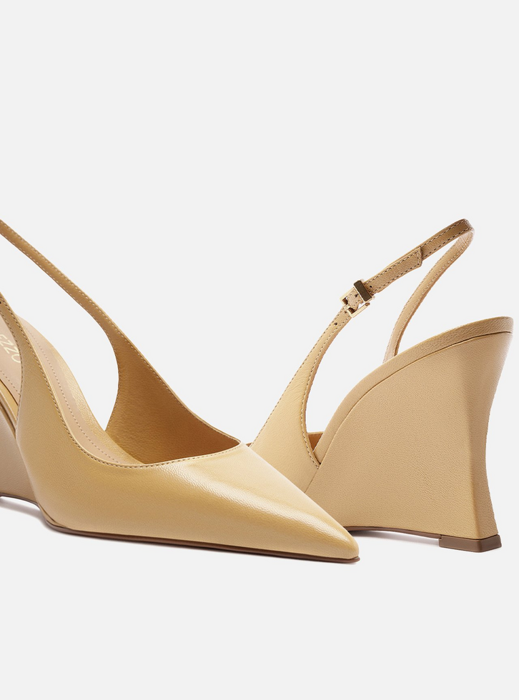 Scarpin Amarelo Couro Salto Alto Anabela Slingback
