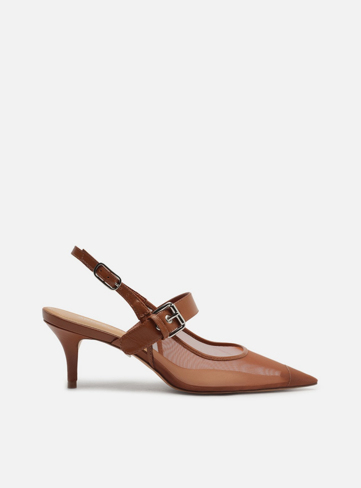 Scarpin Marrom Tela Salto Kitten Tira Afivelada | ZZ MALL