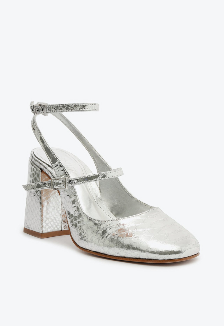 Sapato Boneca Dorothy Lace Salto Bloco Prata