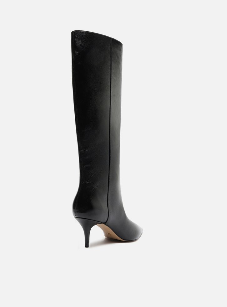 Bota Preta Couro Cano Longo Salto Kitten
