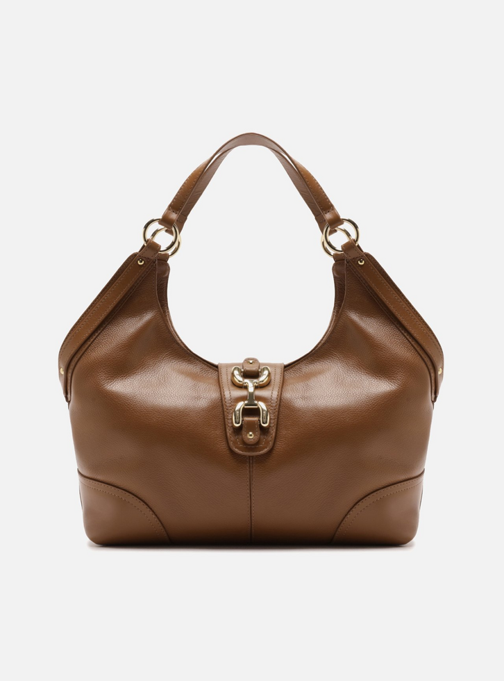 Bolsa Hobo Marrom Couro Grande Metais Dourados