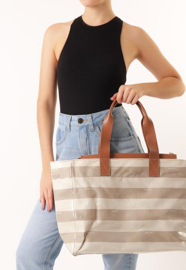 Bolsa Shopping Anacapri Grande Listras Vinil Bege