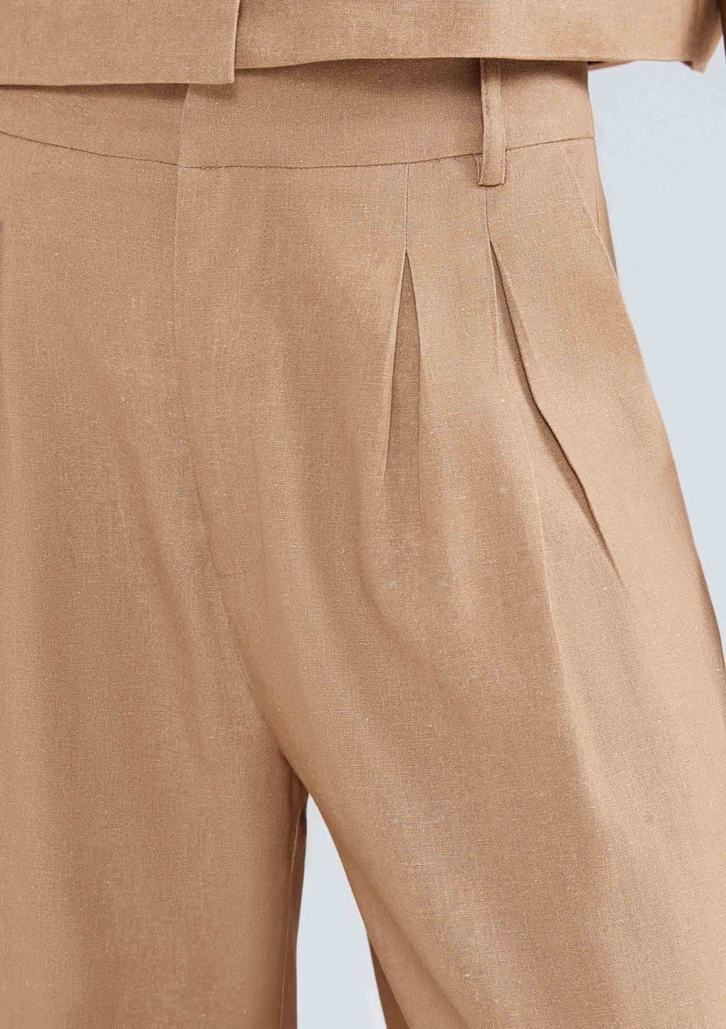 Calça Bege Médio Hering Feminina Reta Cintura Alta Em Alfaiataria Com Linho